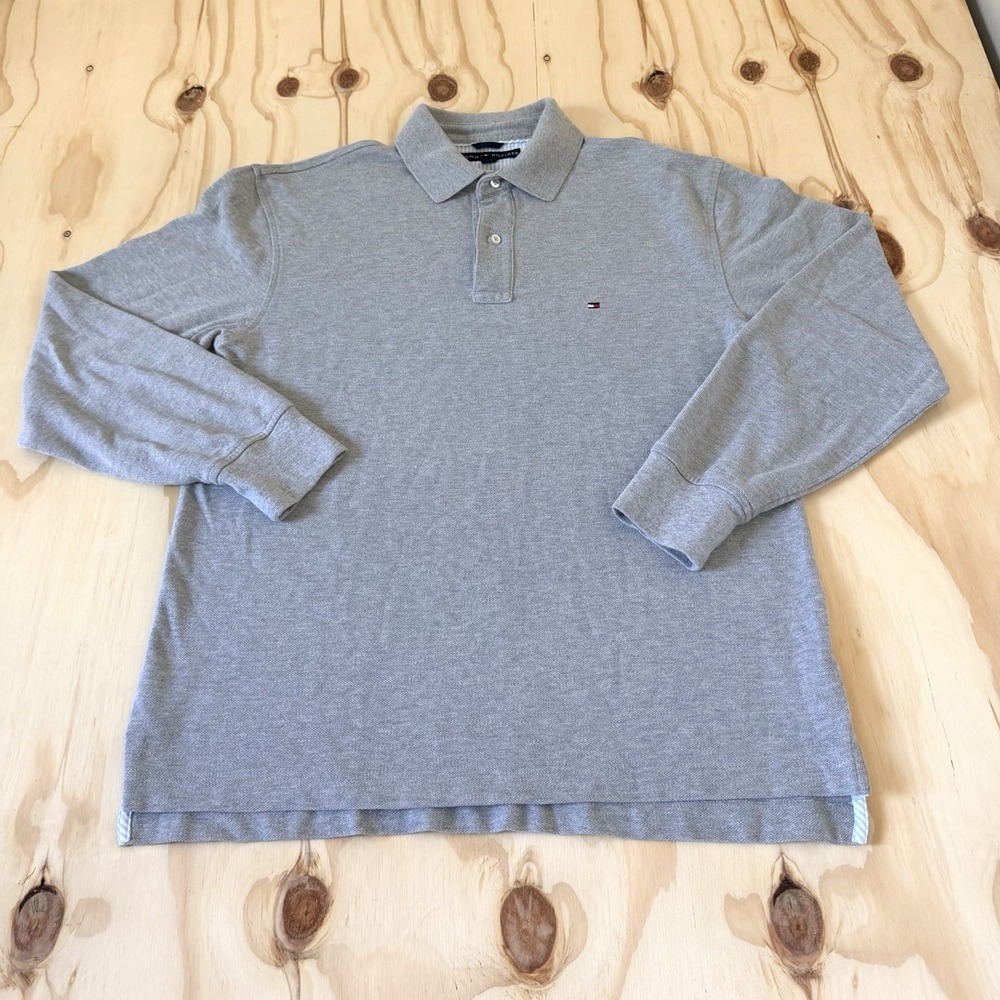 Tommy Hilfiger Men's Preppy Long Sleeve Polo Shirt Gray Classic Size Medium
